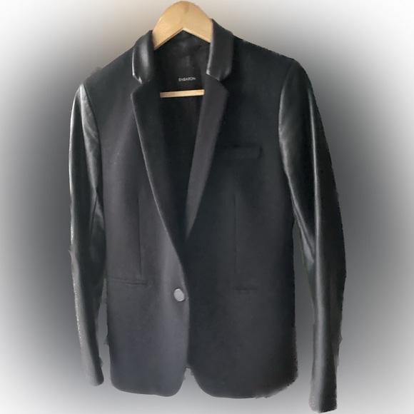 Aritzia Babaton Fred Wool Faux Leather Sleeve Blazer Jacket Black Size 8 - Picture 5 of 7